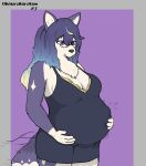  2023 4_fingers anthro belly big_belly big_breasts breasts canid canine cleavage clothed clothing digital_media_(artwork) dress dweevil eyewear female fingers fur glasses hair hekate_(tas) hi_res holding_belly humanoid_hands lifewonders mammal multicolored_body multicolored_fur pregnant pregnant_female purple_body purple_fur purple_hair signature smile solo tokyo_afterschool_summoners two_tone_body two_tone_fur unborn_kicking white_body white_fur 