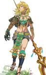  1boy armor artist_name blonde_hair blue_eyes bracelet charged_set_(zelda) choker earrings grass greaves holding holding_polearm holding_weapon indesign jewelry link looking_afar looking_to_the_side male_focus necklace polearm sandals solo the_legend_of_zelda the_legend_of_zelda:_tears_of_the_kingdom weapon 