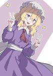  1girl absurdres ascot blonde_hair blush double_v dress hair_between_eyes hat highres long_dress long_sleeves looking_at_viewer maribel_hearn medium_hair mob_cap open_mouth purple_dress red_ascot smile solo sparkle t-hou touhou v yellow_eyes 
