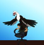  absurd_res anatid anseriform anthro avian bird chair duck furniture hi_res male muscovy_duck nanochetha not_safe_for_work solo standing 