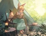  1girl animal_ears bench blonde_hair blush brown_jacket chair closed_mouth commentary day fox_ears fox_girl fox_tail green_ribbon green_skirt hair_ribbon head_rest hololive jacket kettle lantern leaning_forward light_rays long_sleeves looking_at_viewer off_shoulder omaru_polka outdoors purple_eyes ribbon shirt shoes short_hair sitting skirt smile solo tail tent tree_stump virtual_youtuber white_shirt xyunx 