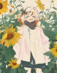  1girl artist_name black_hair black_scarf blush closed_eyes cowboy_shot dated flower highres jacket medium_hair multicolored_hair open_mouth original plant red_hair scarf smile solo streaked_hair sunflower white_hair white_jacket xilmo 