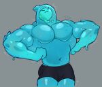 1:1 blob_creature blue_body clothing distressed epic_games eyes_closed fortnite grey_background hi_res humanoid its_coldpizza male multi_colored_body muscular navel pecs rippley_(fortnite) signature simple_background slight_bulge slime solo underwear 