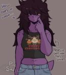  absurd_res anthro bottomwear brown_hair clothed clothing deltarune denim denim_clothing female freckles front_view hair hi_res jeans looking_at_viewer midriff muffin_top navel navel_piercing pants pie_smell piercing purple_body purple_scales reptile scales scalie shirt slightly_chubby solo standing susie_(deltarune) tank_top topwear undertale_(series) 