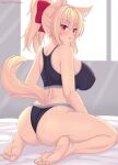  1girl :o animal_ears ass bare_arms bare_shoulders barefoot blonde_hair blush breasts cat_ears cat_girl cat_tail commentary english_commentary feet from_behind highres kneeling large_breasts long_hair looking_at_viewer looking_back nottytiffy open_mouth original panties patreon_username ponytail red_eyes sleeveless soles solo tail thighs tiffy_(nottytiffy) toes underwear 