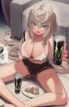  1girl bare_shoulders black_shorts blue_eyes blush breasts can cleavage cookie energy_drink food grey_hair hair_between_eyes highres holding holding_can large_breasts long_hair looking_at_viewer navel open_mouth original plate shirt shorts sitting solo thighs torriet very_long_hair 