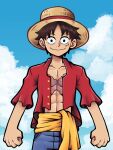  1boy abs black_eyes brown_hair clenched_hands cloud commentary cross_scar english_commentary hat highres kermittend male_focus monkey_d._luffy one_piece open_clothes open_shirt scar scar_on_cheek scar_on_chest scar_on_face smile solo sun_hat toned toned_male upper_body 