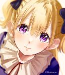  1girl 33primrose blonde_hair blue_bow blurry bow closed_mouth depth_of_field emilico_(shadows_house) hair_between_eyes hair_bow living_doll_uniform long_hair looking_at_viewer portrait purple_eyes shadows_house simple_background smile solo twitter_username two_side_up white_background 