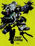  airborne artist_name assault_visor character_name daisy_ogre gyoubu_ippei highres looking_down mecha no_humans open_hand robot science_fiction synduality yellow_background 