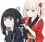  2girls aqua_ribbon bandaid bandaid_on_face black_hair blonde_hair blue_dress blush bob_cut closed_mouth collared_shirt commentary_request dress hair_between_eyes hair_ribbon hair_tie hand_in_another&#039;s_hair highres holding_hair_tie inoue_takina japanese_clothes kimono long_hair looking_at_another looking_at_viewer lycoris_recoil lycoris_uniform multiple_girls nishikigi_chisato obi one_side_up purple_eyes red_eyes red_kimono red_ribbon ribbon sash shirt short_hair sidelocks simple_background smile souda_(soudaco1a) twitter_username tying_another&#039;s_hair upper_body white_background white_shirt 