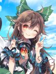  1girl ;) ahoge bow breasts brown_hair cape chest_jewel cloud day frills green_bow hair_bow hand_up highres horizon long_hair medium_breasts one_eye_closed orange_eyes outdoors radiation_symbol red_eyes reiuji_utsuho signature smile solo sparkle touhou toutenkou v very_long_hair 