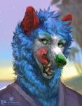  2023 anthro blue_body blue_fur blurred_background canid canine canis digital_media_(artwork) domestic_dog fossa666 fur green_eyes green_nose hi_res male mammal open_mouth solo teeth tongue white_body white_fur 