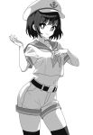  1girl anchor_symbol bright_pupils closed_mouth cowboy_shot greyscale hand_up hat looking_at_viewer midriff monochrome murasa_minamitsu neckerchief onkn_sxkn peaked_cap sailor_collar sailor_shirt shirt short_hair short_sleeves shorts simple_background smile solo thighhighs touhou white_background 