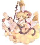  andira_(granblue_fantasy) animal_ears barefoot blonde_hair breasts chaosexceed cleavage detached_pants detached_sleeves feet granblue_fantasy grin highres monkey_ears monkey_girl monkey_tail red_eyes short_hair simple_background smile soles spread_toes staff tail toes white_background 