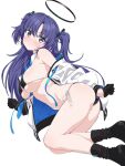  1girl ass bare_shoulders bikini black_bikini blue_archive blush breasts cleavage hair_ornament halo jacket large_breasts loliconder long_hair long_sleeves looking_at_viewer open_mouth purple_eyes purple_hair sidelocks solo swimsuit two_side_up white_jacket yuuka_(blue_archive) 
