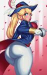 1girl absurdres ass ass_focus blonde_hair blue_eyes blue_headwear blue_jacket blush breasts earrings facing_away flatillustrator_khan flower from_behind gloves hat hat_feather hat_flower highres holding holding_sword holding_weapon huge_ass jacket jewelry large_breasts long_hair looking_at_viewer looking_back mario_(series) official_alternate_costume open_clothes open_jacket open_mouth pants petals ponytail princess_peach princess_peach:_showtime! rapier red_flower red_rose rose rose_petals smile solo sphere_earrings sword swordfighter_peach teeth thick_thighs thighs tight_clothes tight_pants upper_teeth_only weapon white_gloves white_pants 