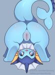  2023 blep blue_body blush butt digital_media_(artwork) eeveelution female feral fin generation_1_pokemon genitals hi_res looking_at_viewer looking_through looking_through_legs nintendo pokemon pokemon_(species) pussy rear_view seviyummy simple_background smile solo tail text tongue tongue_out url vaporeon 