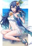  1girl adjusting_hair alternate_costume ameno_(a_meno0) beach bikini blue_eyes blue_footwear blue_hair breasts criss-cross_halter family_crest fire_emblem fire_emblem_awakening flower hair_flower hair_ornament halterneck hopper leaf_hair_ornament long_hair looking_at_viewer lucina_(fire_emblem) navel open_mouth sandals sitting small_breasts smile solo sweater swimsuit white_bikini white_sweater 