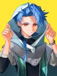  1boy adjusting_hood asymmetrical_bangs blue_hair bodysuit bodysuit_under_clothes bracelet braid braided_ponytail capelet child cu_chulainn_(fate) earrings fate/grand_order fate_(series) highres hood hood_up hooded_capelet jewelry long_hair looking_at_viewer male_child male_focus red_eyes setanta_(fate) simple_background solo upper_body wagaya43 yellow_background 