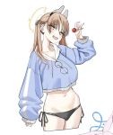  1girl animal_ears bikini black_bikini_bottom blue_archive blue_hoodie blush brown_hair candy collarbone eyewear_hang eyewear_removed fake_animal_ears food glasses halo holding holding_candy holding_food holding_lollipop hood hoodie lollipop looking_at_viewer moe_(blue_archive) moe_(swimsuit)_(blue_archive) navel open_mouth rabbit_ears round_eyewear side-tie_bikini_bottom smile solo swimsuit twintails urrrt yellow_eyes 