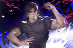  1boy abstract_background backlighting bags_under_eyes biceps brown_hair fate/stay_night fate_(series) fighting_stance hands_up highres kotomine_kirei large_pectorals light_led001 looking_at_viewer male_focus medium_hair muscular muscular_male pectorals shirt solo t-shirt thick_eyebrows upper_body veins veiny_arms 