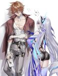  1boy 1girl abs absurdres ass back bandage_on_face bandage_over_one_eye bandaged_arm bandaged_hand bandaged_head bandages bare_shoulders blue_eyes blue_skin breasts butterfly_hair_ornament colored_skin detached_sleeves facing_away from_behind genshin_impact grey_hair hair_between_eyes hair_ornament height_difference highres injury letter long_hair multicolored_hair orange_hair pink_eyes pottsness purple_hair scar scar_on_chest skirk_(genshin_impact) standing streaked_hair talking tall tartaglia_(genshin_impact) thick_thighs thighs very_long_hair 