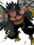  1boy a4h2maico abs absurdres animal_feet animal_hands artist_name bird_legs bird_wings black_hair claws colored_sclera dark-skinned_male dark_skin demon_boy dilated_pupils fangs feathered_wings feathers flying full_body harpy_boy highres horns kimetsu_no_yaiba long_hair looking_at_viewer male_focus monster_boy open_mouth original pointy_ears sidelocks simple_background solo symbol-shaped_pupils talons thick_eyebrows toned toned_male topless_male twitter_username urogi_(kimetsu_no_yaiba) veins white_background wings yellow_eyes yellow_sclera 