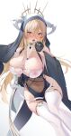  1girl 2080167236 absurdres azur_lane breasts cleavage covered_nipples cum cum_in_mouth cum_on_body cum_on_breasts cumdrip fellatio_gesture highres implacable_(azur_lane) large_breasts long_hair looking_at_viewer nun solo thighhighs thighs wide_hips 