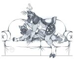  african african_wild_dog anthro antlers canid canine canis cervine deer dieselwolf domestic_dog duo durr furniture hi_res horn humanoid invalid_tag male male/male mammal painted sofa thehuntingwolf 