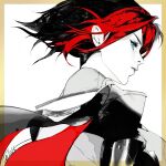  1girl armor black_hair blue_eyes border chest_armor closed_mouth english_commentary expressionless fiora_(league_of_legends) from_side greyscale jian_tai_(cuoyu0) league_of_legends looking_at_viewer looking_to_the_side monochrome multicolored_hair orange_border red_hair short_hair shoulder_armor signature simple_background solo streaked_hair swept_bangs two-tone_hair upper_body white_background 