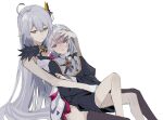  2girls bare_arms bare_shoulders black_dress blue_eyes blush brown_eyes brown_thighhighs commentary crying crying_with_eyes_open dress feet_out_of_frame grey_hair hair_between_eyes hand_on_another&#039;s_face honkai_(series) honkai_impact_3rd juliet_sleeves kiana_kaslana kiana_kaslana_(herrscher_of_the_void) long_hair long_sleeves multiple_girls nose_blush parted_lips puffy_sleeves saliva simple_background sleeveless sleeveless_dress tears theresa_apocalypse thighhighs utekikuore very_long_hair white_background white_dress yuri 