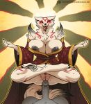  amaterasu_(okami) anthro big_breasts biped breasts brown_eyes canid canine canis capcom cleavage clothed clothing crossed_legs duo erection female front_view fur genitals goolee grey_body hi_res male mammal navel okami_(capcom) penis pussy white_body white_fur wolf 