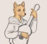  anthro brown_eyes canid canine clothed clothed_male clothing fox fur guitar hoodie male mammal moz_(bronzeagefox) musical_instrument orange_body orange_fur plucked_string_instrument red_fox reynard_goodfellow simple_background smile solo string_instrument sweatshirt topwear white_background 