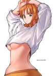  1girl alternate_costume aosora2823 arms_up blush breasts commentary cropped_shirt highres looking_at_viewer looking_back median_furrow medium_breasts nami_(one_piece) one_piece orange_hair shirt simple_background solo symbol-only_commentary twisted_torso twitter_username underboob white_background white_shirt 