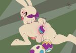  anthro balls blush bow_ribbon butt easter easter_egg egg egg_from_ass eyes_closed feet genitals hi_res holidays lagomorph male mammal max_(sam_and_max) oviposition penis rear_view romanwildernessofpain sam_and_max sharp_teeth solo tail teeth tongue 
