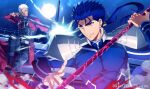  2boys akujiki59 archer_(fate) arrow_(projectile) battle blue_hair bow_(weapon) caladbolg_(fate) cu_chulainn_(fate) cu_chulainn_(fate/stay_night) dark-skinned_male dark_skin drawing_bow duel dust earrings fate/stay_night fate_(series) full_moon gae_bolg_(fate) holding holding_arrow holding_bow_(weapon) holding_polearm holding_weapon jewelry long_hair magic male_focus moon multiple_boys night outstretched_arm polearm ponytail red_eyes short_hair smile spear star_(sky) twitter_username weapon white_hair 