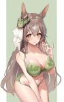  1girl absurdres animal_ears bra bra_pull breasts brown_hair cleavage closed_mouth clothes_pull collarbone commentary ear_ornament ear_ribbon green_background green_bra green_panties hand_up highres horse_ears horse_girl hovaku large_breasts long_hair looking_at_viewer looking_up navel orange_eyes panties print_bra satono_diamond_(umamusume) smile solo thighs umamusume underwear 