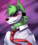  anthro black_nose bust_portrait clothed clothing fangs fur green_body green_fur green_hair green_inner_ear_fluff hair hi_res inner_ear_fluff kuttoyaki male mask neck_tuft necktie portrait red_eyes red_necktie signature simple_background solo teeth tuft wearing_mask 