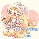  1girl :d blonde_hair blush commentary dress english_commentary food gloves hands_up happy_birthday hat holding holding_plate long_hair looking_at_viewer low_twintails magical_girl makihatayama_hana ojamajo_doremi open_mouth plate pudding puffy_short_sleeves puffy_sleeves short_sleeves smile solo sparkle standing suzuki_(2red_moon3) twintails very_long_hair white_dress white_gloves white_headwear wing_hair_ornament 