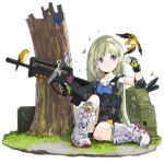  1girl aged_down animal_request assault_rifle backpack bag bird black_gloves black_skirt blonde_hair blue_eyes blue_shirt boots bullpup character_name closed_mouth collarbone colored_shoe_soles cross-laced_footwear elbow_pads famas famas_(forest_whisperer_and_birds)_(girls&#039;_frontline) famas_(girls&#039;_frontline) fingerless_gloves full_body girls&#039;_frontline gloves grass green_bag gun heart holding holding_gun holding_weapon knife ky_(nimbusky) lace-up_boots layered_shirt leaf long_hair looking_to_the_side official_alternate_costume official_art planted planted_knife rifle shirt short_sleeves simple_background sitting skirt sleeveless sleeveless_shirt socks solo tactical_clothes transparent_background tree_stump very_long_hair weapon white_footwear white_shirt white_socks 