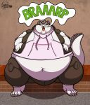  2022 2_horns 4_toes 5_fingers absurd_res anthro arm_tuft behemoth_(housamo) belly big_belly big_cheeks big_moobs bottomwear brown_bottomwear brown_clothing brown_pants brown_topwear brown_vest burping claws clothing dralffeine elbow_tuft english_text feet fingers fupa fur grey_body grey_fur hair hand_on_stomach hands_on_belly hi_res hoodie horn huge_belly huge_cheeks hybrid lidded_eyes male moobs navel obese obese_anthro obese_male open_mouth overweight overweight_anthro overweight_male pants pink_clothing pink_hoodie pink_tongue pink_topwear purple_hair sitting sleeveless_hoodie solo speech_bubble tail teeth text thick_tail thick_thighs toes tongue topwear tuft vest white_body white_fur 