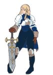  1girl absurdres agrias_oaks agu_(agrias777) armor blonde_hair braid breastplate breasts brown_eyes brown_gloves final_fantasy final_fantasy_tactics full_body gloves highres holding holding_sword holding_weapon medium_breasts shoulder_armor simple_background solo sword weapon white_background 