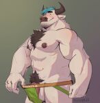  2023 abs anthro balls biceps blue_hair blush body_hair bovid bovine butt cattle chest_hair clothed clothing clothing_aside deltoids exposing facial_hair flaccid genitals goatee green_clothing green_jockstrap green_underwear grey_background grin hair hi_res horn jockstrap jockstrap_aside jockstrap_only looking_at_viewer male mammal manly muscular navel nipple_piercing nipples pecs penis piercing presenting pubes pulling_jockstrap rneves_069 simple_background smile solo standing stubble topless triceps underwear underwear_aside underwear_only 