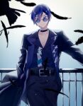  1boy absurdres belt black_belt black_choker black_feathers black_pants blue_eyes blue_hair choker closed_mouth coat commentary_request cowboy_shot dark_blue_hair dot_nose double-parted_bangs eyewear_on_head feathers hand_in_pocket hand_on_railing highres kaito_(vocaloid) lapels long_sleeves looking_at_viewer male_focus notched_lapels official_alternate_costume pants parang_99 round_eyewear short_hair solo utsuro_wo_aogu_(vocaloid) vivid_bad_squad_(project_sekai) vivid_bad_squad_kaito vocaloid walk_on_and_on_(project_sekai) 