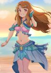  1girl absurdres alternate_costume beach blue_skirt breasts brown_hair cleavage criss-cross_halter halterneck hand_up highres idolmaster idolmaster_million_live! long_hair looking_at_viewer midriff miyao_miya outdoors red_eyes sidelocks skirt small_breasts smile solo standing sun tanukiinu005 thick_eyebrows water 