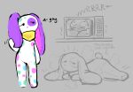  anthro appliance big_ears half_lidded_eyes kint kitchen_appliance lagomorph leporid lying mammal microwave_oven nonbinary_(lore) on_front plushie purple_ears rabbit raised_head scarf simple_background solo spots spotted_body standing tail warm white_body yellow_scarf 