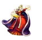  1girl asatani_tomoyo attack blonde_hair book breasts cape circlet cleavage dress fire_emblem fire_emblem:_the_binding_blade fire_emblem_heroes full_body fur-trimmed_cape fur_trim gold_trim green_eyes guinevere_(fire_emblem) hair_bun holding holding_book juliet_sleeves light long_hair long_sleeves magic medium_breasts official_alternate_costume official_alternate_hairstyle official_art open_book puffy_sleeves purple_cape red_dress single_hair_bun solo third-party_source v-shaped_eyebrows white_background 