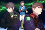  1boy age_progression amuro_ray aurora belt black_belt black_jacket blue_eyes blue_jacket boots brown_hair char&#039;s_counterattack closed_mouth collared_jacket commentary_request gundam hands_in_pockets haro highres jacket long_sleeves looking_to_the_side male_focus military_jacket mobile_suit_gundam multiple_views non-humanoid_robot open_mouth pants robot running shirt short_hair star_(sky) upper_body ususio_11 v-shaped_eyebrows white_pants yellow_footwear yellow_shirt zeta_gundam 