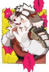  ! !! !? 1boy absurdres animal_ears bara blush claws dog_boy dog_ears fangs fat furry furry_male goggles goggles_on_head halftone hashtag_only_commentary heart heart_in_eye highres kurotero male_focus open_mouth pawpads sweat symbol_in_eye tajima_(tamacolle) tamacolle upper_body very_sweaty 
