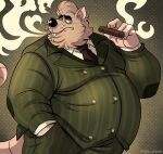  2023 anthro belly big_belly black_nose bottomwear brown_body brown_fur clothing fur humanoid_hands john_vithor male mammal murid murine necktie overweight overweight_male pants rat rodent shirt smoking solo suit topwear 